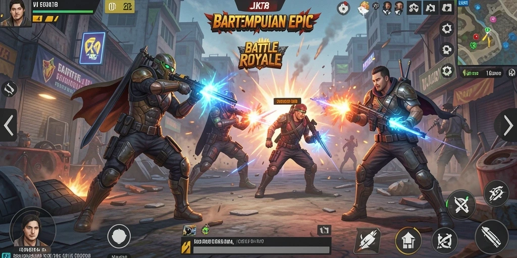 Tangkapan layar gameplay JKT8 menunjukkan pertempuran mendebarkan di arena Battle Royale.
