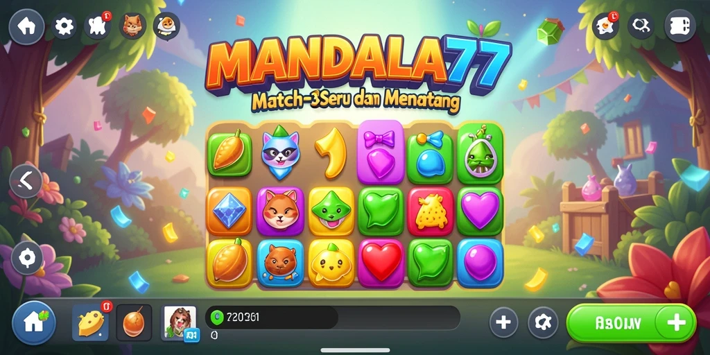 Screenshot MANDALA77 menampilkan permainan Match-3 yang penuh warna dan dinamis.
