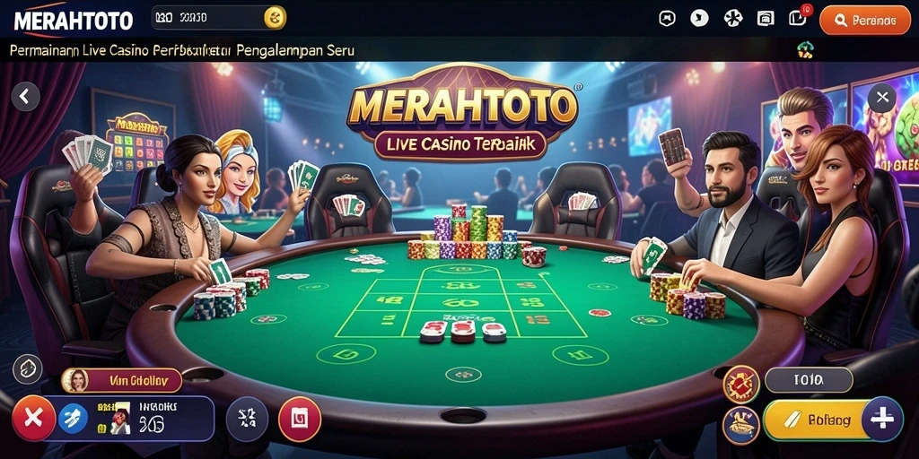 Screenshot gameplay MERAHTOTO menampilkan dealer langsung dan suasana kasino yang seru.